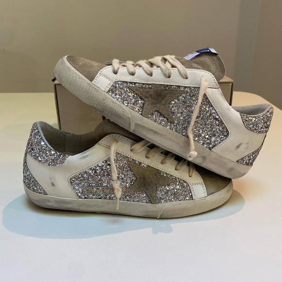 Golden Goose Superstar Sneaker White Leather/Silver Glitter/Taupe Suede 38 NIB - Picture 14 of 15